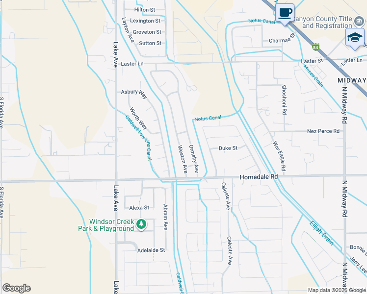 map of restaurants, bars, coffee shops, grocery stores, and more near 5319 Weston Avenue in Caldwell