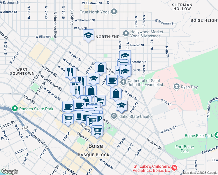 map of restaurants, bars, coffee shops, grocery stores, and more near 906 West Franklin Street in Boise