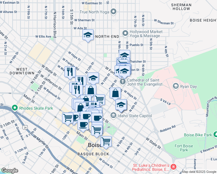 map of restaurants, bars, coffee shops, grocery stores, and more near 906 West Franklin Street in Boise