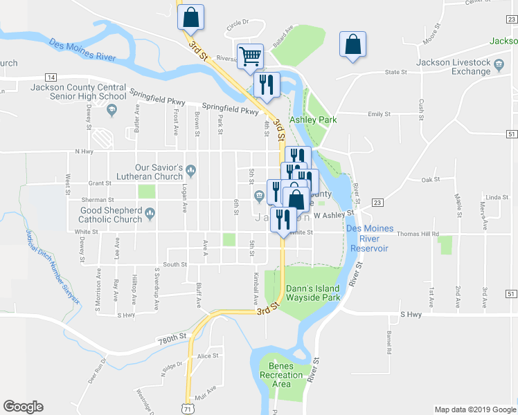 map of restaurants, bars, coffee shops, grocery stores, and more near 405 4th Street in Jackson