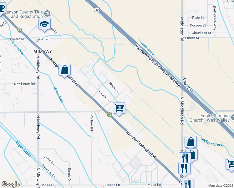 map of restaurants, bars, coffee shops, grocery stores, and more near 7105 Noah Drive in Caldwell