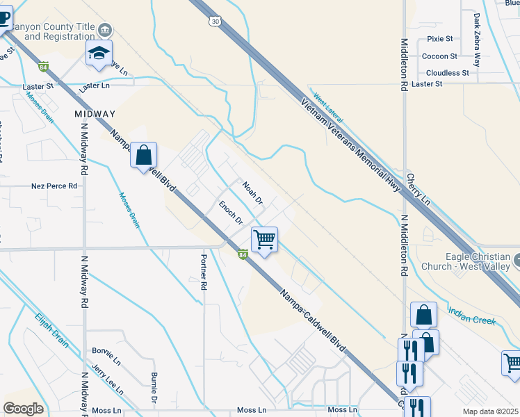 map of restaurants, bars, coffee shops, grocery stores, and more near 7110 Noah Drive in Caldwell