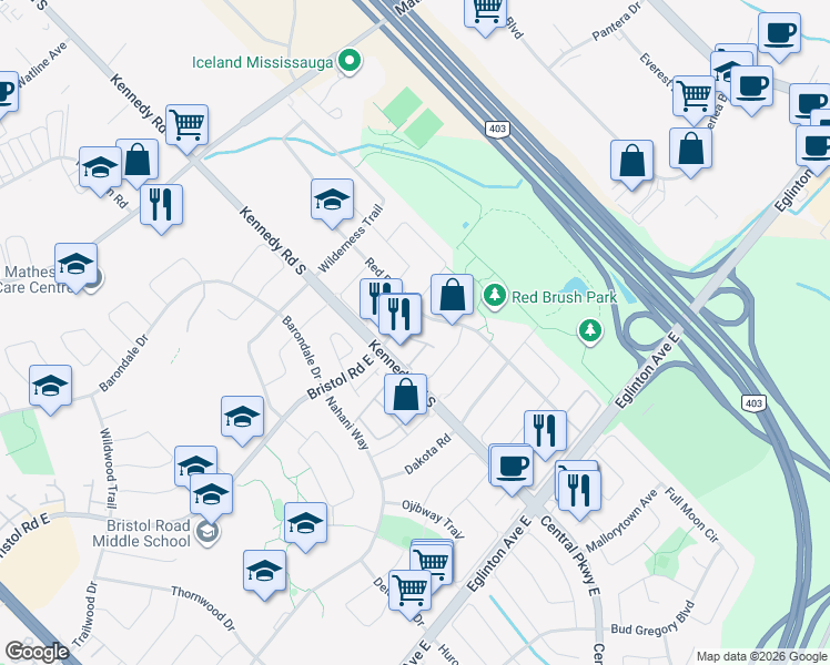 map of restaurants, bars, coffee shops, grocery stores, and more near 530 Driftcurrent Drive in Mississauga