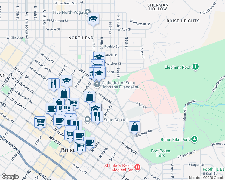 map of restaurants, bars, coffee shops, grocery stores, and more near 628 West Fort Street in Boise