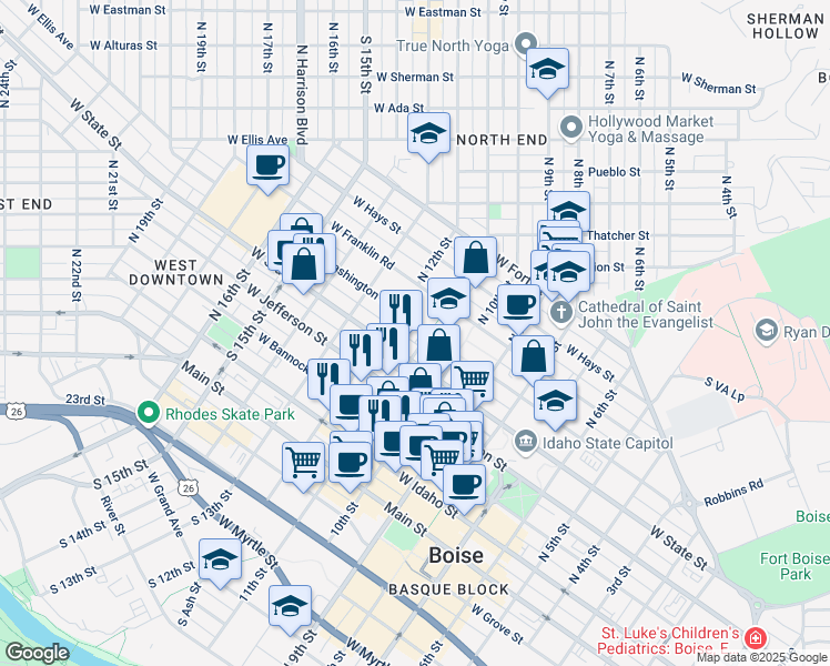 map of restaurants, bars, coffee shops, grocery stores, and more near 1107 West Washington Street in Boise