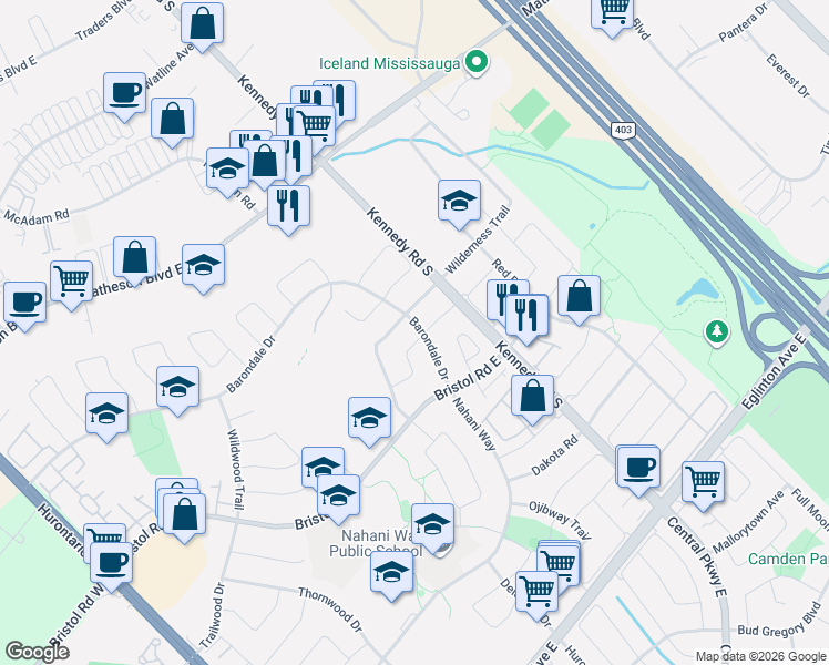 map of restaurants, bars, coffee shops, grocery stores, and more near 5437 Royal Aberdeen Drive in Mississauga