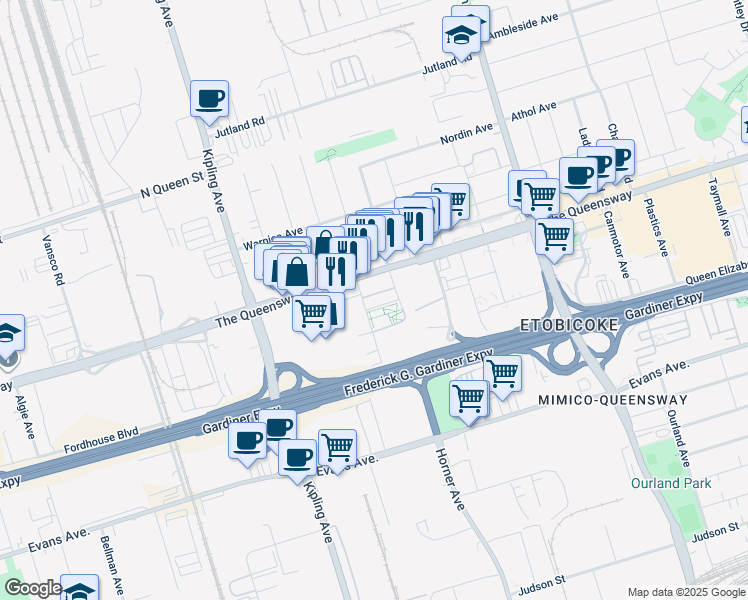 map of restaurants, bars, coffee shops, grocery stores, and more near 15 Zorra Street in Toronto