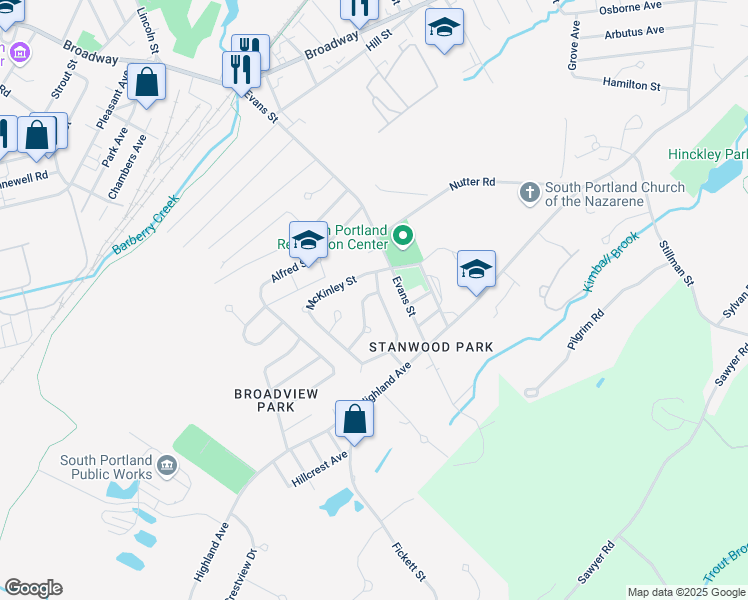 map of restaurants, bars, coffee shops, grocery stores, and more near 2 Buchanan Street in South Portland