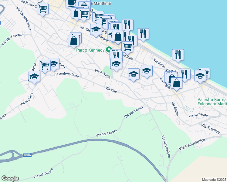 map of restaurants, bars, coffee shops, grocery stores, and more near 13C Via Ville in Falconara Marittima