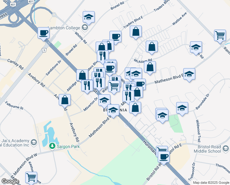 map of restaurants, bars, coffee shops, grocery stores, and more near 37-57 Watline Avenue in Mississauga