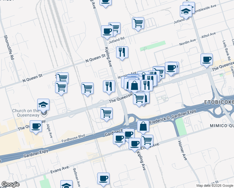 map of restaurants, bars, coffee shops, grocery stores, and more near 1306 The Queensway in Toronto