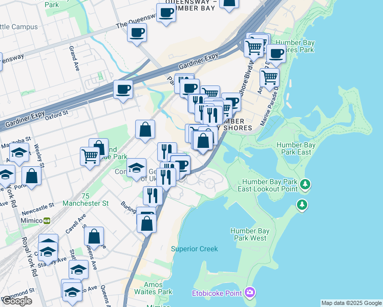 map of restaurants, bars, coffee shops, grocery stores, and more near 15 Legion Road in Toronto