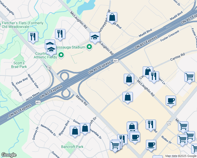 map of restaurants, bars, coffee shops, grocery stores, and more near 6350 Belgrave Road in Mississauga