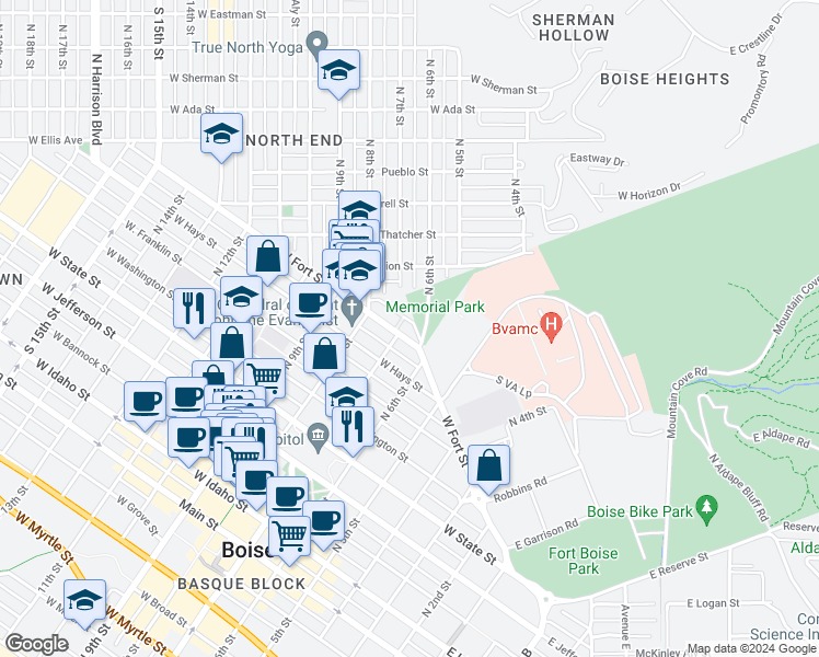 map of restaurants, bars, coffee shops, grocery stores, and more near 628 West Fort Street in Boise