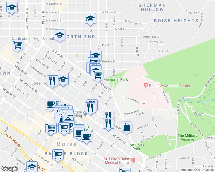 map of restaurants, bars, coffee shops, grocery stores, and more near 628 West Fort Street in Boise
