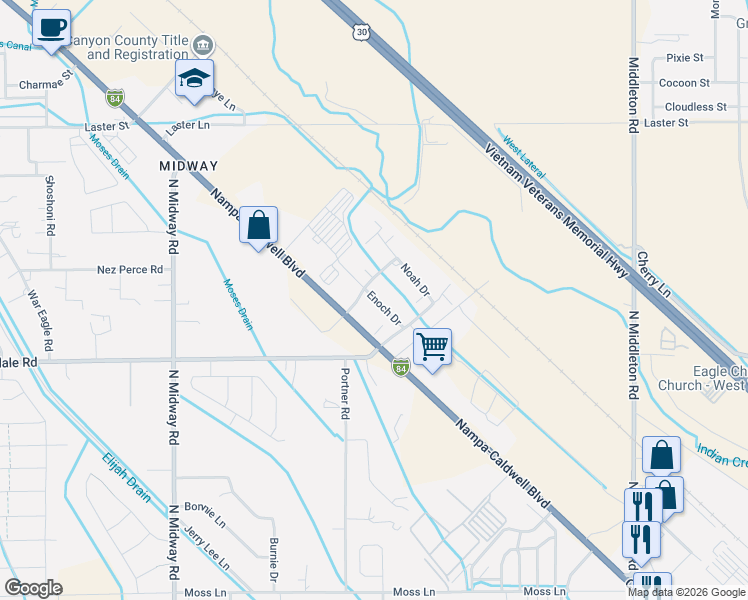 map of restaurants, bars, coffee shops, grocery stores, and more near 304 Abraham Way in Caldwell