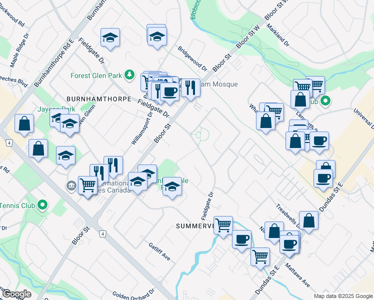 map of restaurants, bars, coffee shops, grocery stores, and more near in Mississauga
