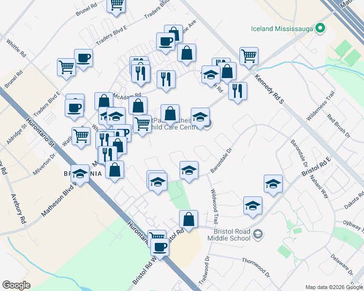 map of restaurants, bars, coffee shops, grocery stores, and more near 5568 Cosmic Crescent in Mississauga