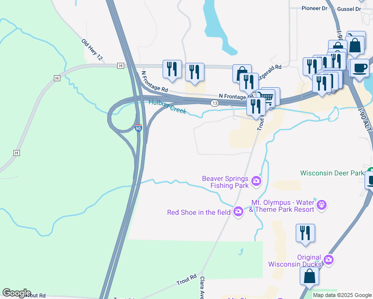 map of restaurants, bars, coffee shops, grocery stores, and more near 801 Jones Road in Wisconsin Dells
