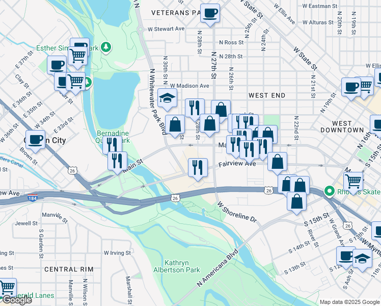map of restaurants, bars, coffee shops, grocery stores, and more near 2811 West Main Street in Boise