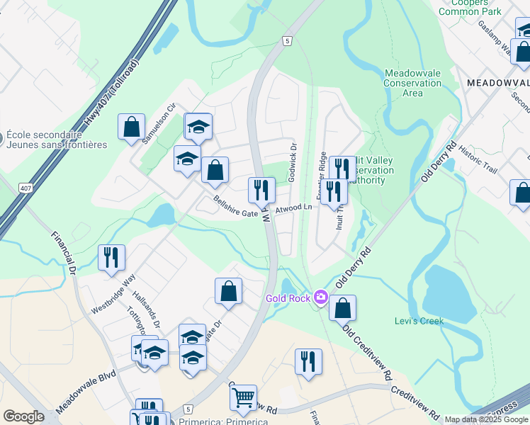 map of restaurants, bars, coffee shops, grocery stores, and more near Derry Rd W & Bellshire Gate in Mississauga