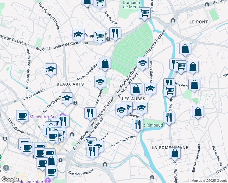 map of restaurants, bars, coffee shops, grocery stores, and more near 150 Cour Jacques Thibaud in Montpellier