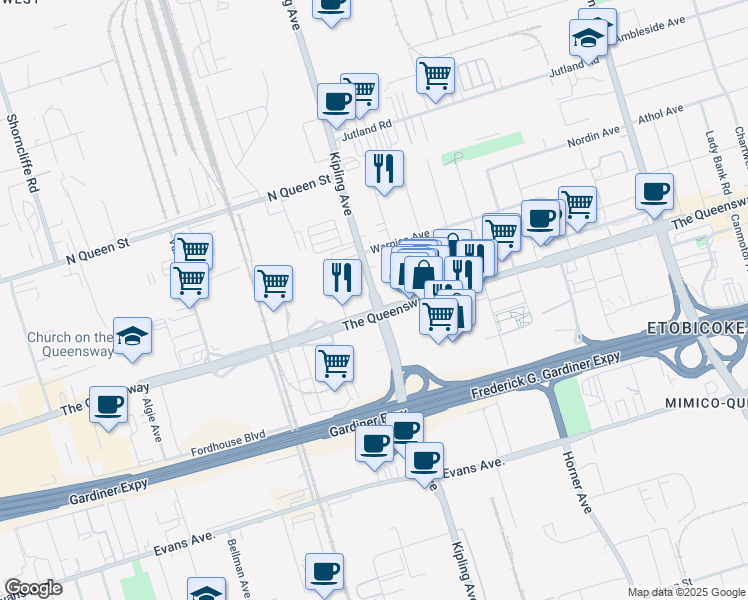 map of restaurants, bars, coffee shops, grocery stores, and more near 662 Kipling Avenue in Toronto