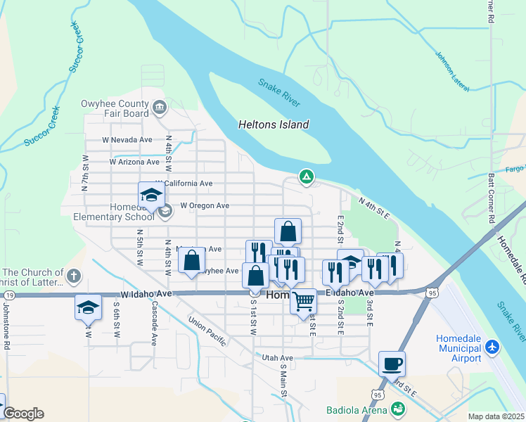 map of restaurants, bars, coffee shops, grocery stores, and more near 23 West Oregon Avenue in Homedale