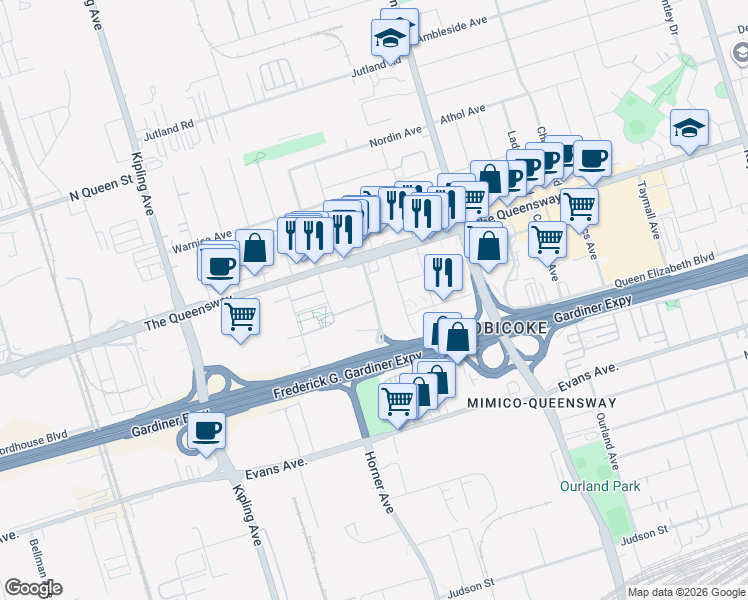 map of restaurants, bars, coffee shops, grocery stores, and more near Saint Lawrence Avenue in Toronto