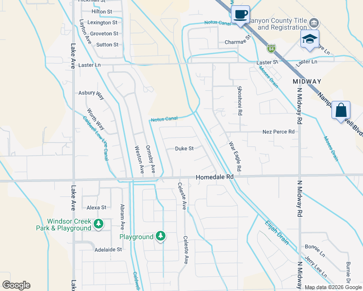 map of restaurants, bars, coffee shops, grocery stores, and more near 4501 Duke Street in Caldwell