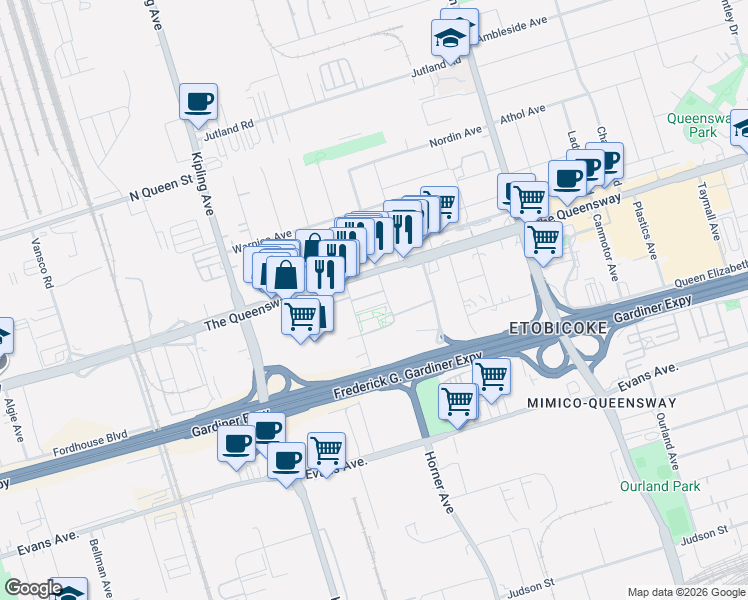 map of restaurants, bars, coffee shops, grocery stores, and more near 17 Zorra Street in Toronto