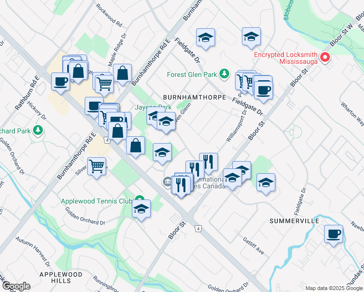 map of restaurants, bars, coffee shops, grocery stores, and more near 3516 Havenwood Drive in Mississauga