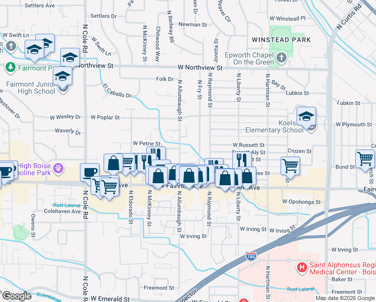 map of restaurants, bars, coffee shops, grocery stores, and more near 1825 North Fry Street in Boise