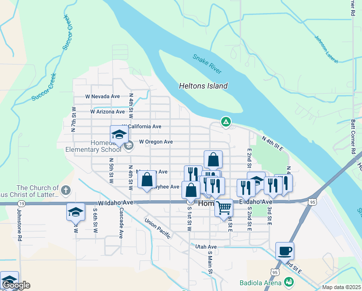 map of restaurants, bars, coffee shops, grocery stores, and more near 113 West Oregon Avenue in Homedale