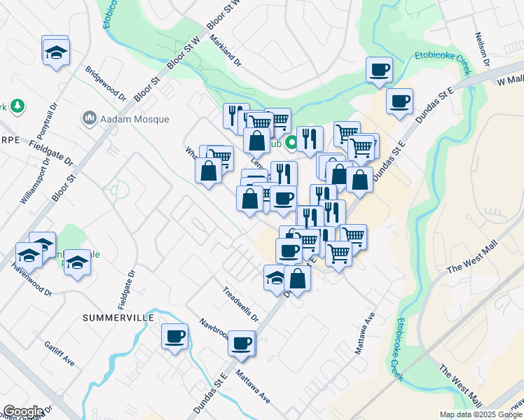 map of restaurants, bars, coffee shops, grocery stores, and more near 3111 Wharton Way in Mississauga