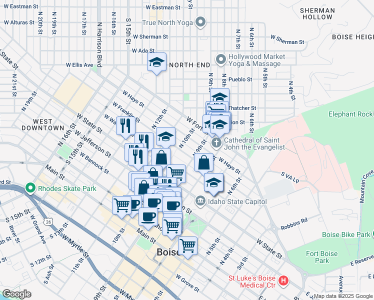 map of restaurants, bars, coffee shops, grocery stores, and more near 916 West Franklin Street in Boise