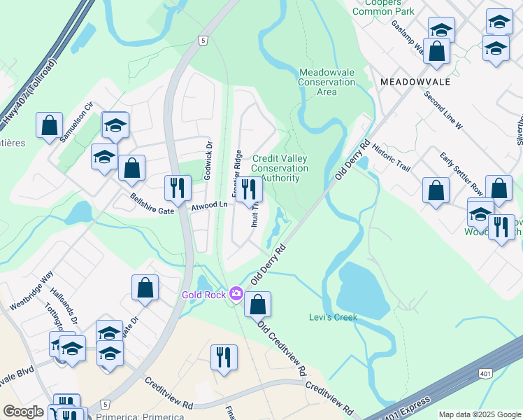 map of restaurants, bars, coffee shops, grocery stores, and more near 1366 Inuit Trail in Mississauga