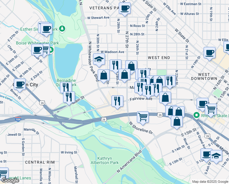 map of restaurants, bars, coffee shops, grocery stores, and more near 2811 West Main Street in Boise