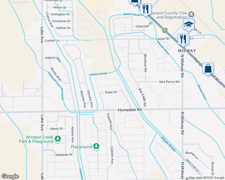 map of restaurants, bars, coffee shops, grocery stores, and more near 4501 Duke Street in Caldwell