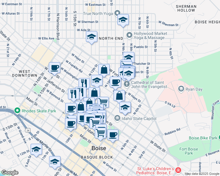 map of restaurants, bars, coffee shops, grocery stores, and more near 916 West Franklin Street in Boise