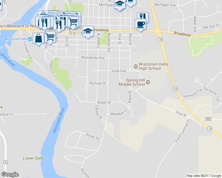 map of restaurants, bars, coffee shops, grocery stores, and more near 340 Bowman Road in Wisconsin Dells