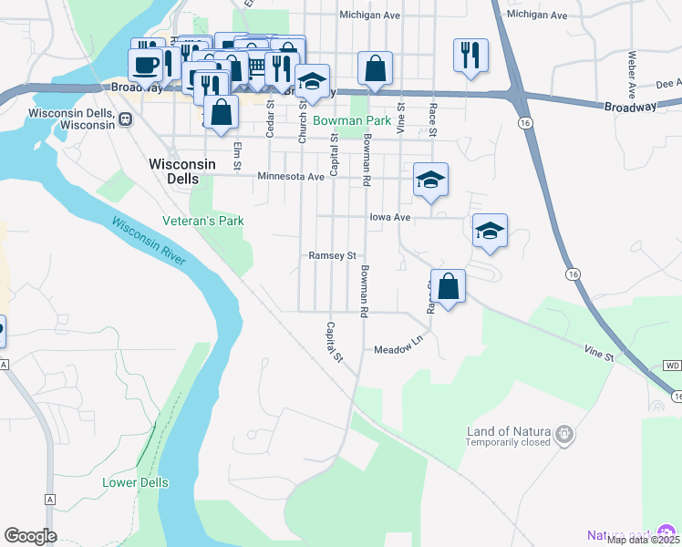 map of restaurants, bars, coffee shops, grocery stores, and more near 334 Capital Street in Wisconsin Dells