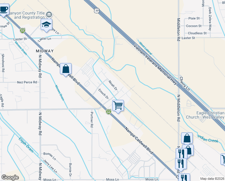 map of restaurants, bars, coffee shops, grocery stores, and more near 7106 Noah Drive in Caldwell