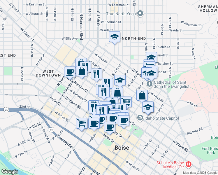 map of restaurants, bars, coffee shops, grocery stores, and more near 1101 West Washington Street in Boise