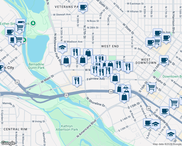 map of restaurants, bars, coffee shops, grocery stores, and more near 2633 West Main Street in Boise