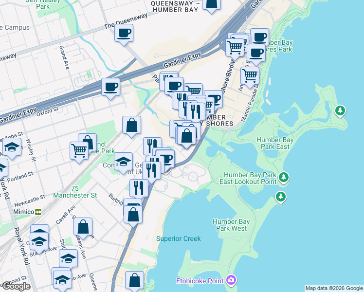 map of restaurants, bars, coffee shops, grocery stores, and more near in Toronto