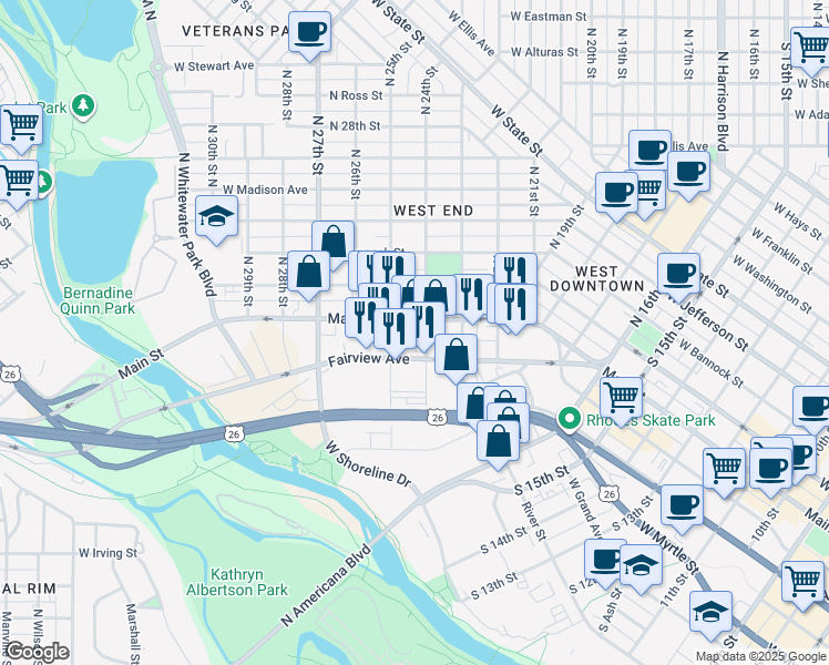 map of restaurants, bars, coffee shops, grocery stores, and more near 2401 West Main Street in Boise
