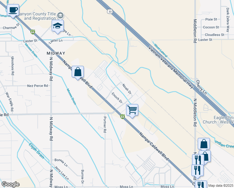 map of restaurants, bars, coffee shops, grocery stores, and more near 7013 Enoch Drive in Caldwell