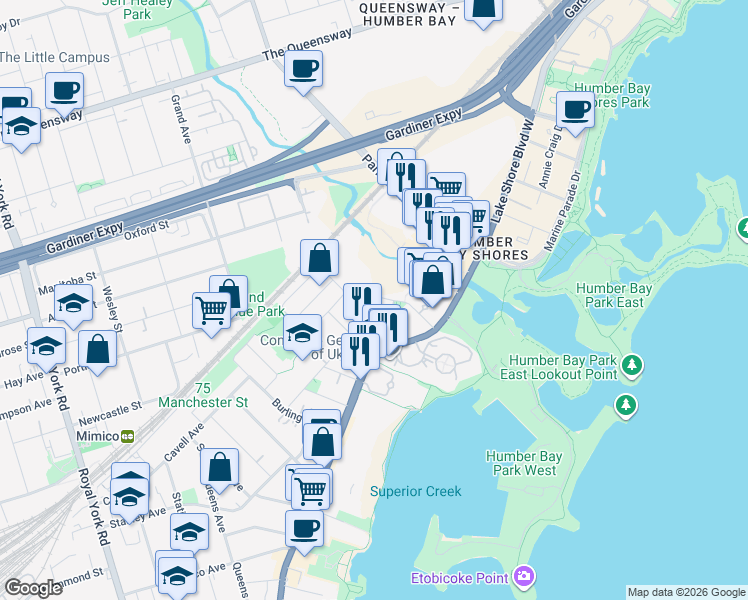 map of restaurants, bars, coffee shops, grocery stores, and more near in Toronto