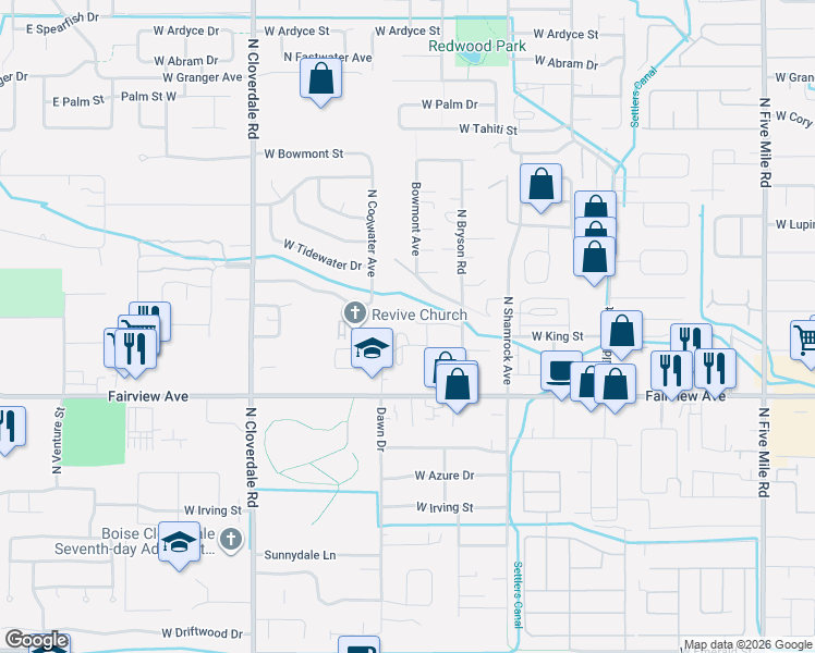 map of restaurants, bars, coffee shops, grocery stores, and more near 11740 West King Street in Boise